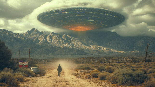 Desert Encounter: Lone Figure and UFO at Dusk