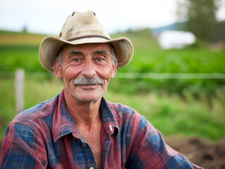 Fototapeta premium Portrait of a senior farmer in his garden, wearing a hat.