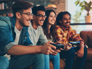 Naklejka premium Group of young people are playing video games and smiling while sitting on sofa at home