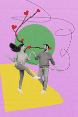 Vertical cute photo collage happy couple dance hold hands laugh look into eyes have fun together on...