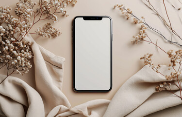 Blank clipping path screen mobile phone with mockup copy space and dry floral branch