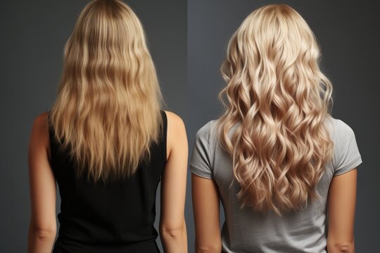 Blonde hair before and after, back view woman