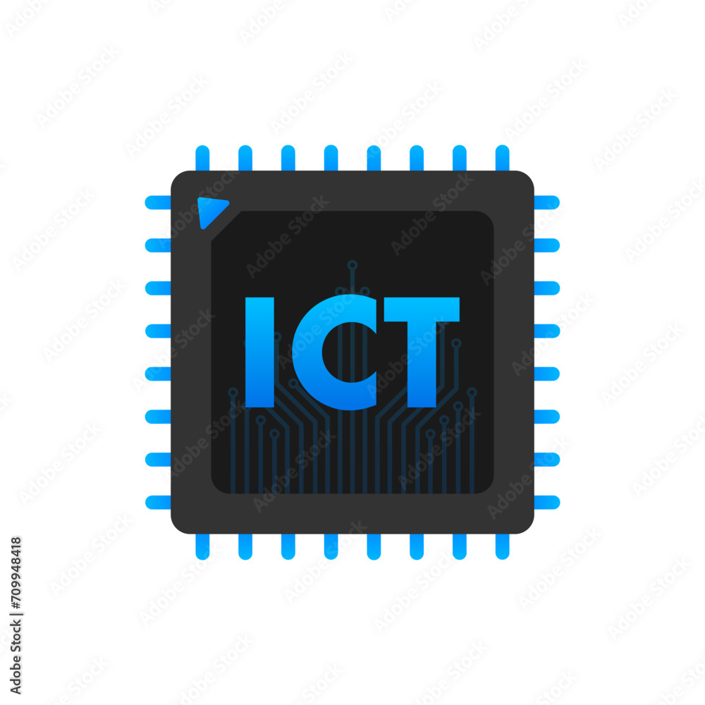 Poster vector illustration of an integrated circuit chip with ict acronym, representing information and com