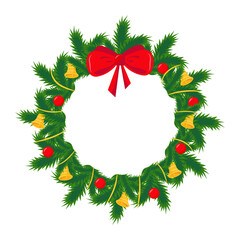 Fototapeta na wymiar Christmas wreath with ribbons, balls and a bow. Vector illustration.