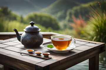 steamy cup of asian tea , healthy infusion and zen ambiance - obrazy, fototapety, plakaty
