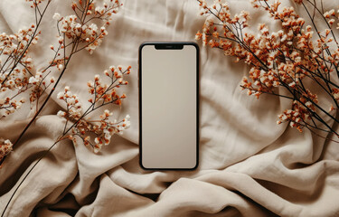 Blank clipping path screen mobile phone with mockup copy space and dry floral branch