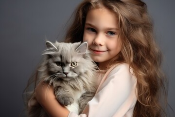girl hugging a cat. Big gray fluffy cat. friendship. Keeping a pet. Snuggery. childhood