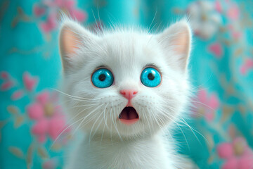 A small white kitten with big blue eyes looks surprised close-up. Emotions of wow, shock, surprise and fright. Ai generative..