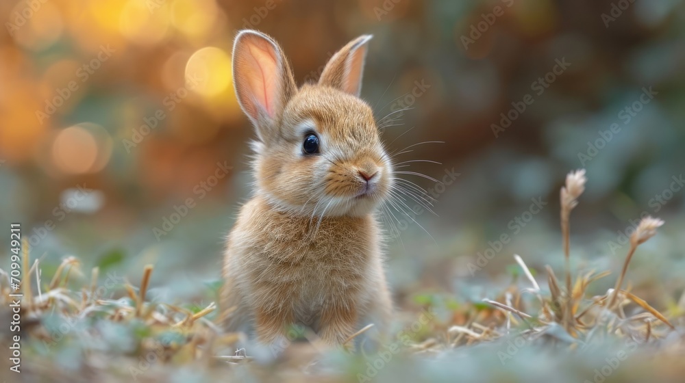 Poster a close up of a small rabbit in a field of grass with a blurry background of trees and bushes.