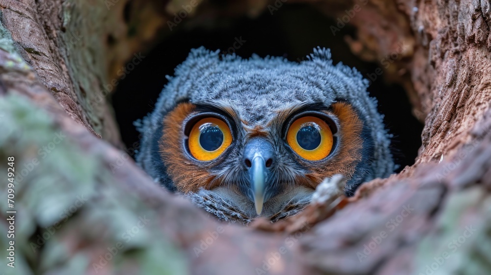 Aufkleber a close up of an owl looking out of a hole in the bark of a tree with its eyes wide open.
