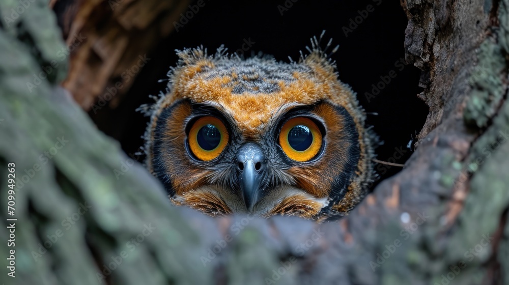 Aufkleber a close up of an owl looking out of a hole in the bark of a tree with its eyes wide open.