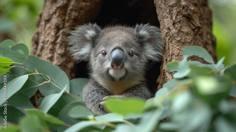 Poster a close up of a koala in a tree looking out of a hole in the bark of a tree.