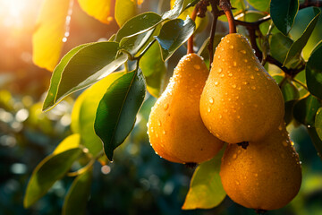 Yellow pears on a tree, orchard, background