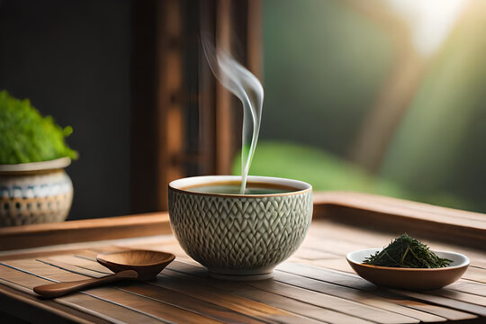 asian tea cup set , healthy herbal infusion, zen ambiance background