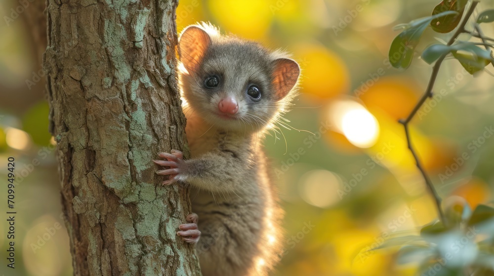 Poster a close up of a small animal on the side of a tree with a blurry background of trees and leaves.