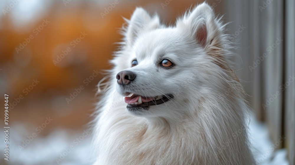 Poster a close up of a dog's face with snow on the ground in the foreground and a window in the background.
