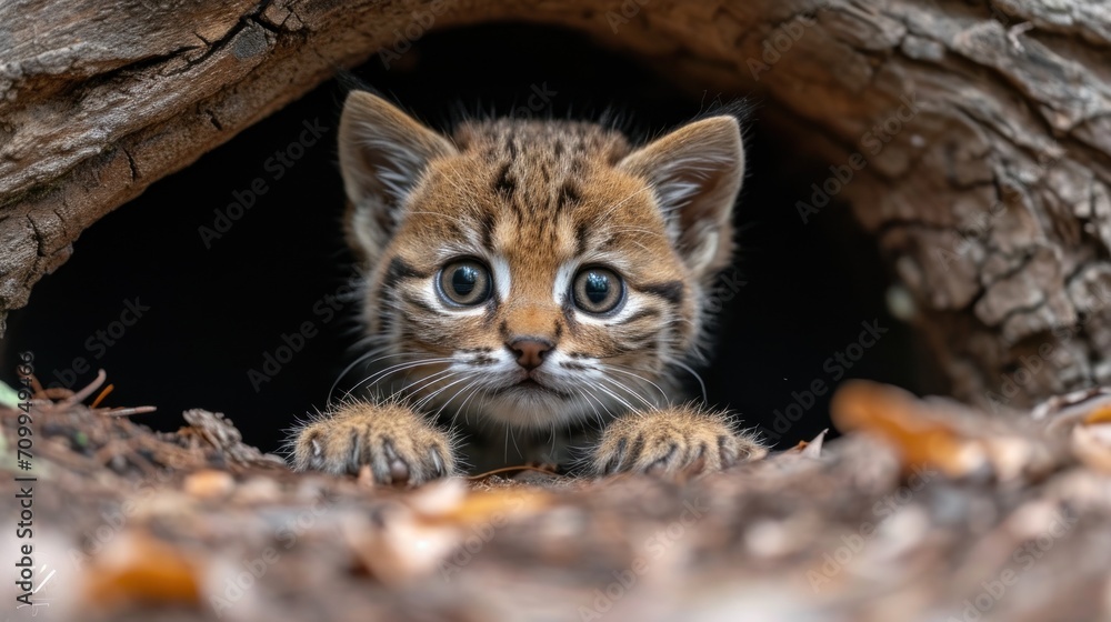 Poster a small kitten looking out of a hollow in a tree trunk with its paws on the ground and looking at th