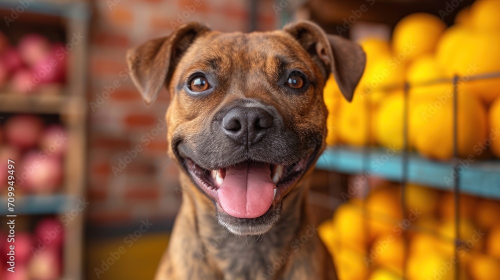 Wall mural  a close up of a dog in front of a fruit stand with oranges and lemons in the background.