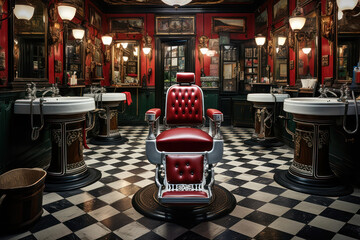 Barber shop interior with red chair and barbershop equipment.