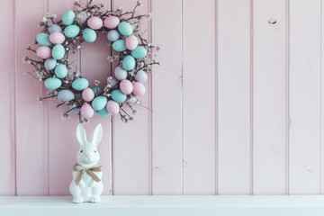 easter decorated floral wreath with easter eggs 