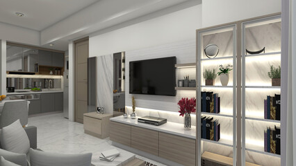 Modern and Minimalist Living Room Design with Display Cabinet and Interior Lighting
