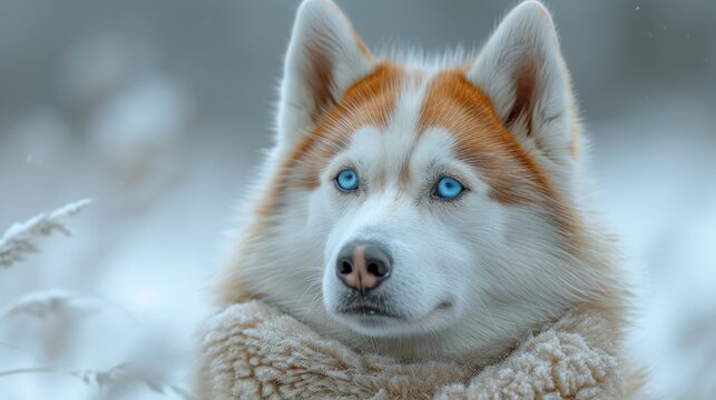  a close up of a dog with a scarf around it's neck and a blue eyed dog in the background.
