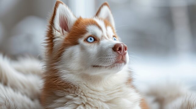  a close up of a dog's face with a blue eyed dog in the foreground and a blurry background.