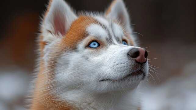  a close up of a dog's face with a blue eyed dog in the foreground and a blurry background.