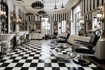 Interior of a barber shop with black and white tiles.