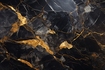 Luxurious black marble with intricate gold and white patterns, creating a textured and sophisticated backdrop.