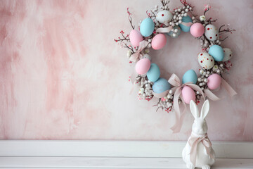 easter decorated floral wreath with easter eggs 