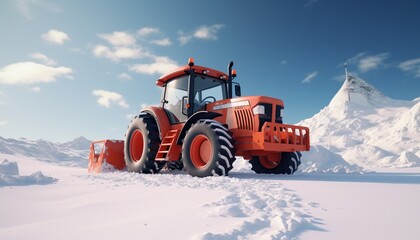 Tractor in the snow against the background of mountains. 3d render