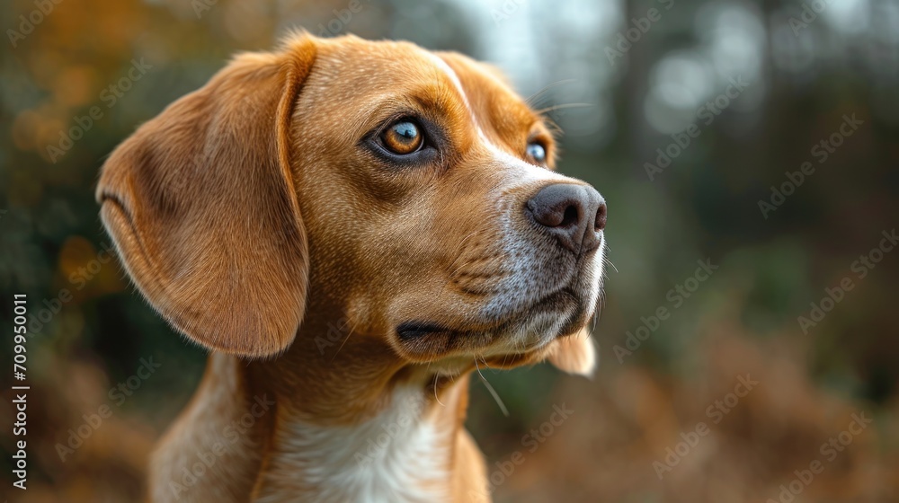 Poster a close up of a dog's face with a blurry background of trees and bushes in the background.