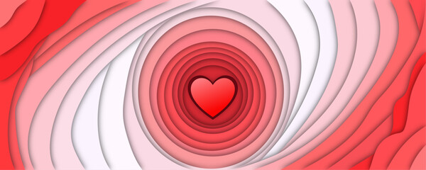 Many layers of paper with gradients and a heart cut out in the middle. Valentine's Day background. Festive love background. Vector illustration for wedding invitation, card, banner, poster.