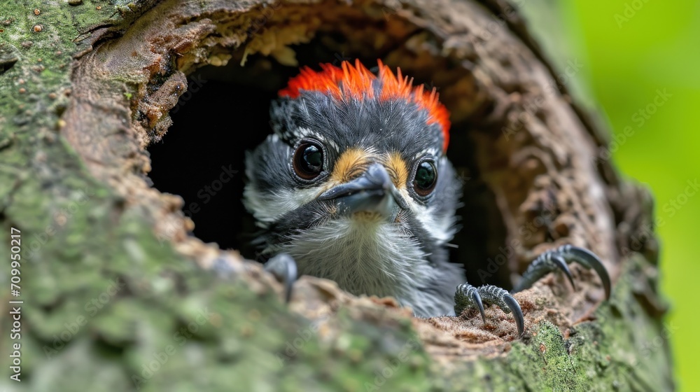 Poster a close up of a small bird with a red mohawk on it's head looking out of a hollow in a tree.