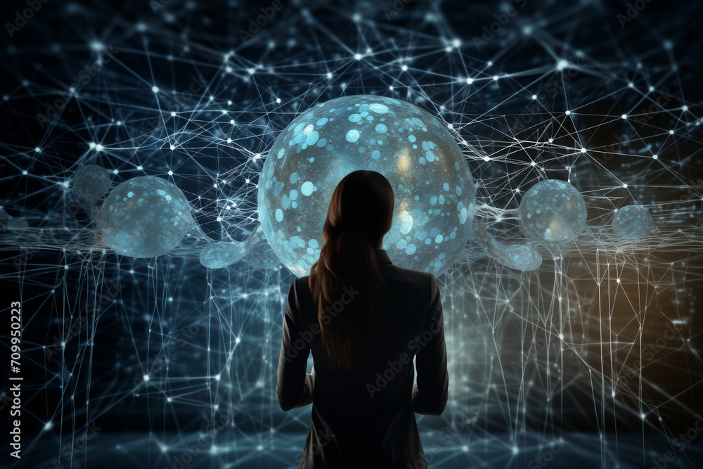 Poster woman holds laptop, faces ai neural network visualization on large screen, activating artificial int