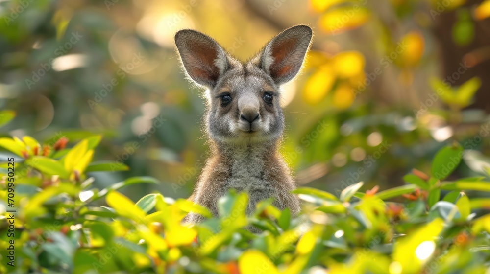 Poster a close up of a kangaroo in a bush with trees in the background and sunlight shining through the lea