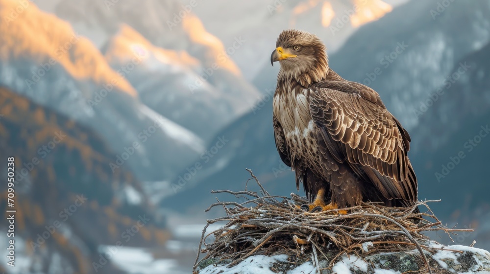 Poster a large bird sitting on top of a nest in the middle of a snow covered mountain range with mountains 