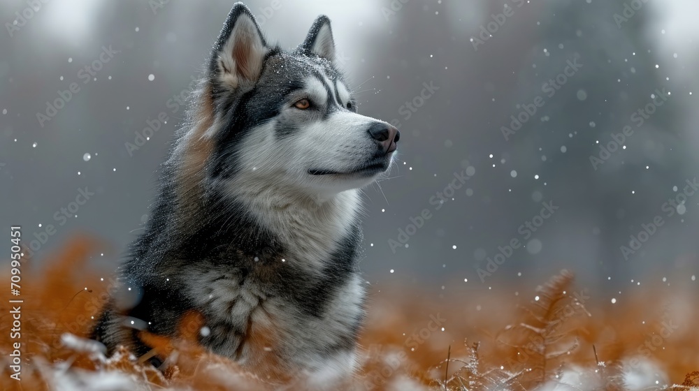 Poster a close up of a dog in a field of grass with snow on the ground and trees in the background.