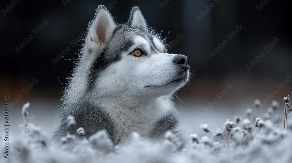 Poster a close up of a dog's face with snow on the ground in the foreground and trees in the background.