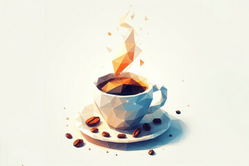 Low poly image of Cup of coffee with steam on solid white bright background. ai generative