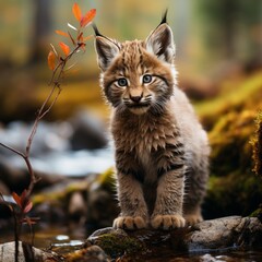Naklejka na ściany i meble Photo of a baby lynx with tufted ears exploring the wilderness. Generative AI