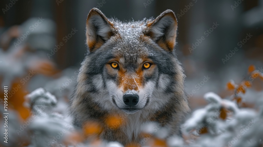 Poster a close up of a wolf's face with snow on the ground in the foreground and trees in the background.