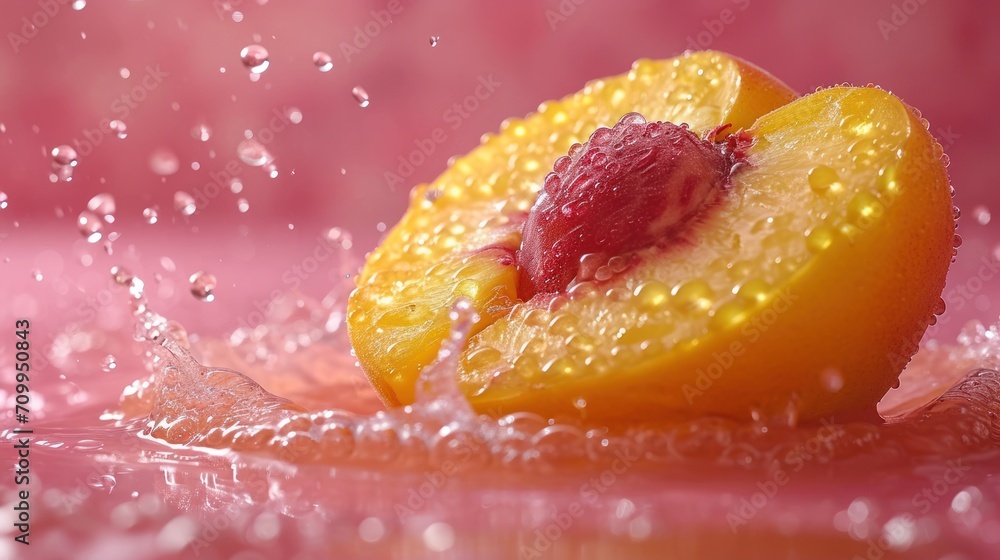 Poster a close up of a piece of fruit with water splashing around it and a strawberry on top of it.
