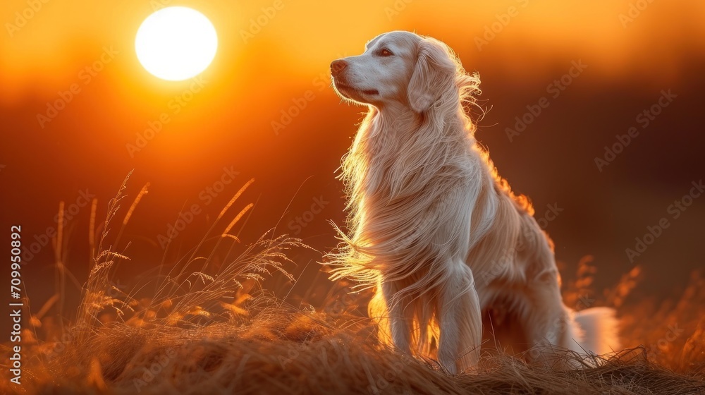 Poster a golden retriever sitting in a field with the sun setting in the background and the grass in the fo