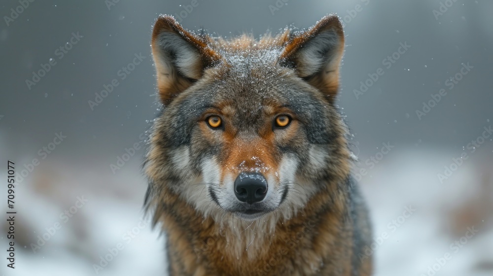 Poster a close up of a wolf's face with snow on the ground in the foreground and trees in the background.
