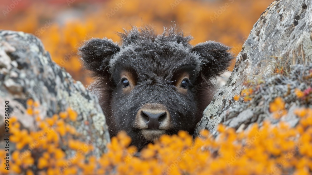 Poster a close up of a cow peeking out from behind a rocky outcrop with yellow flowers in the background.