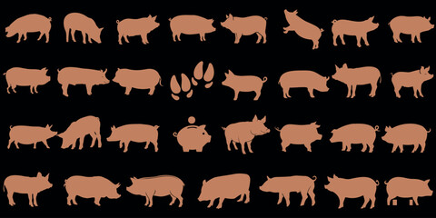 Pig silhouettes, pig vector art, farm animals in diverse shapes, sizes on black background. Perfect for farm-themed graphics, educational content, animal-related designs