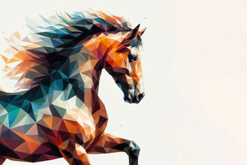 Low poly image of a Horse on solid white bright background. ai generative - obrazy, fototapety, plakaty