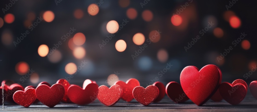 Poster red hearts on wooden table over abstract background. valentines day background . generative ai